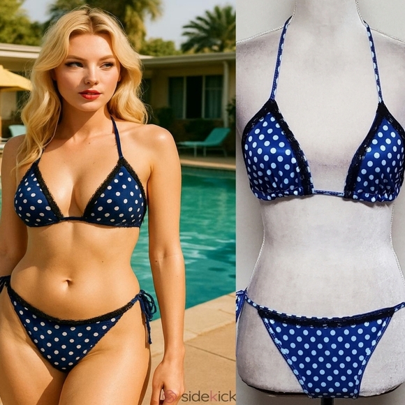 Vintage Other - 90s Vintage OOAK Handmade Blue Polka-dot Black Lace Side-Tie Triangle Bikini S